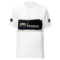 White t-shirt with 'I Promise' graphic and black logo on a white background