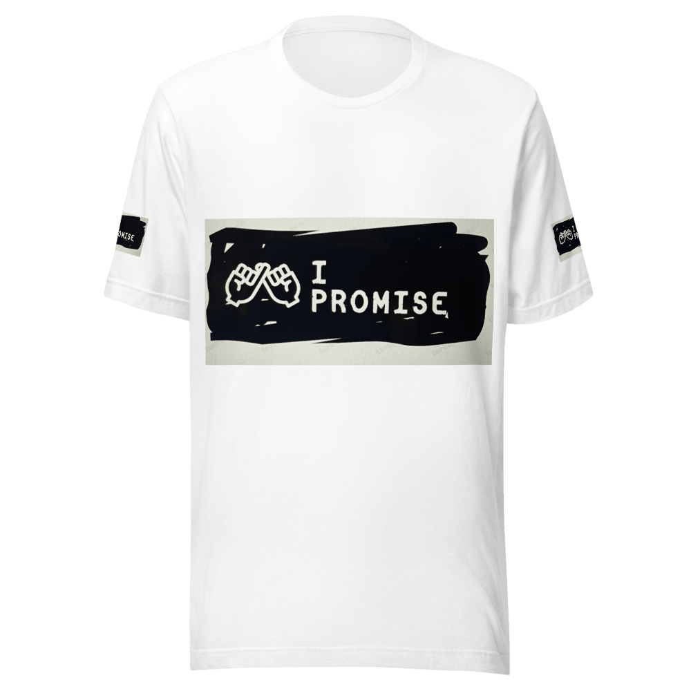 White t-shirt with 'I Promise' graphic and black logo on a white background