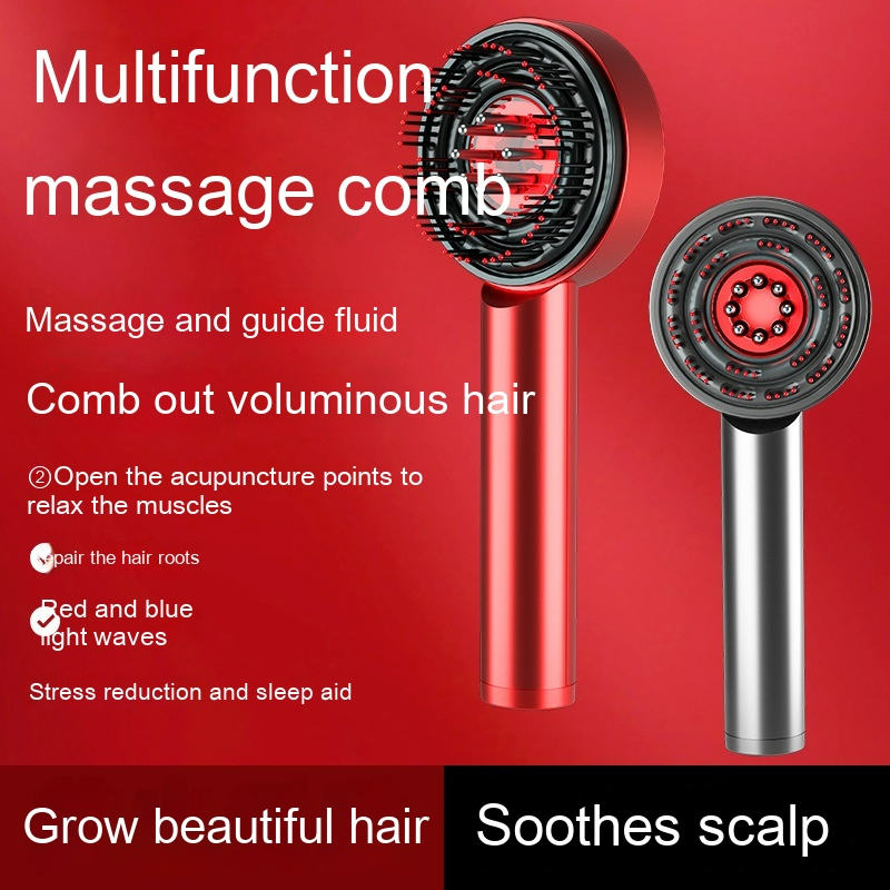 Multifunctional massage comb with red and black design on a red background