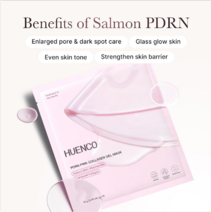 HUENCO pink collagen gel mask packaging with text on benefits on a white background
