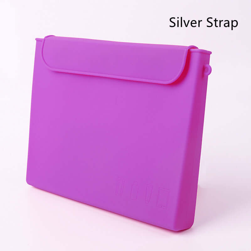 Purple silicone bag with a silver strap on a white background