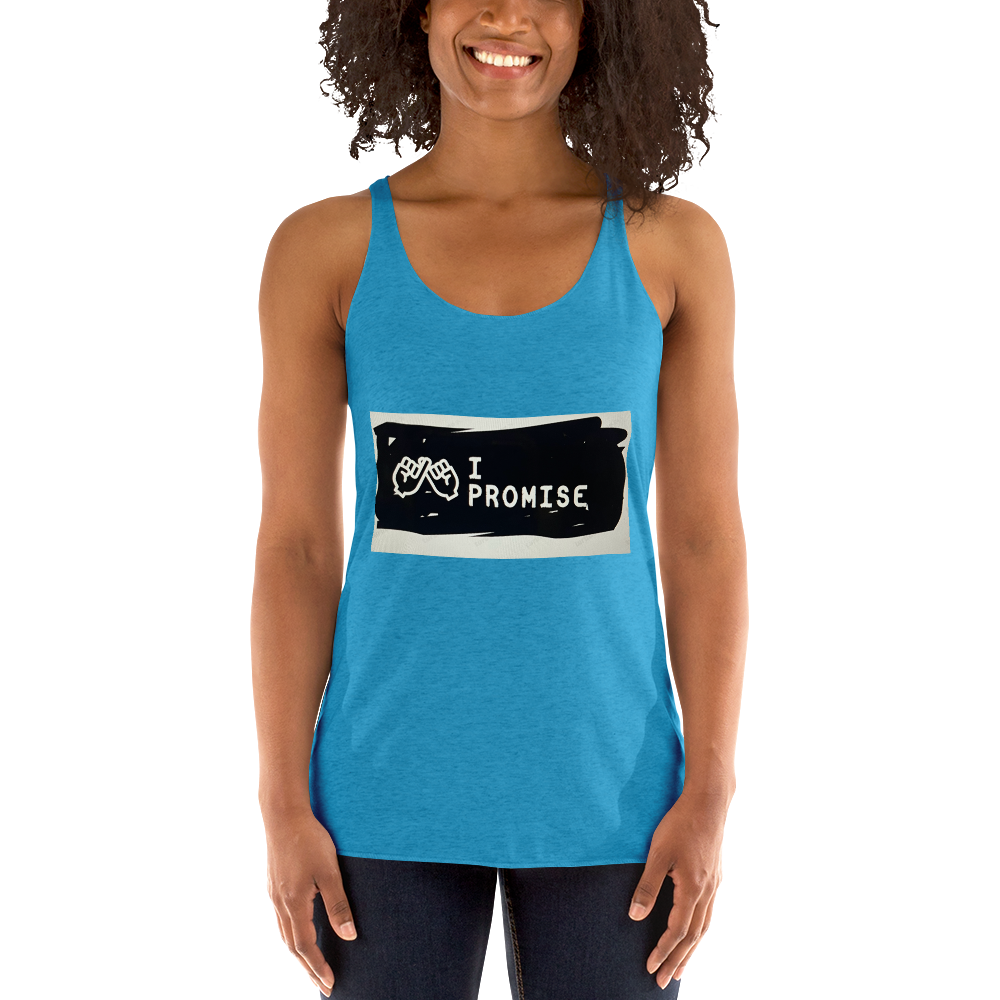 Woman wearing a blue tank top with 'I Promise' graphic design.