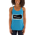 Woman wearing a blue tank top with 'I Promise' graphic design.