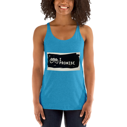 Woman wearing a blue tank top with &