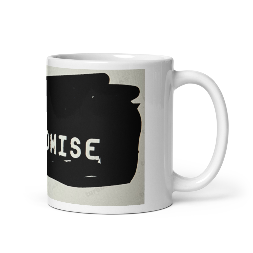 White mug with a black silhouette and the word &