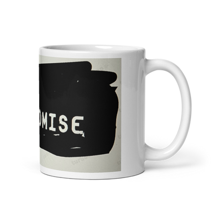 White mug with a black silhouette and the word &