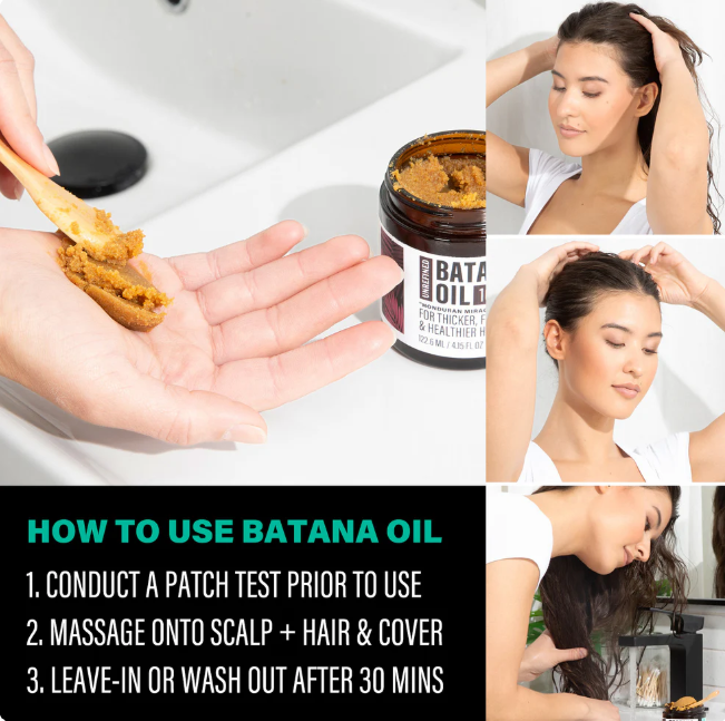 A collage showing a jar of Batana Oil, a hand holding some of the brown paste on a wooden spoon, and four photos of a woman massaging the oil onto her scalp and hair. Text at the bottom reads &