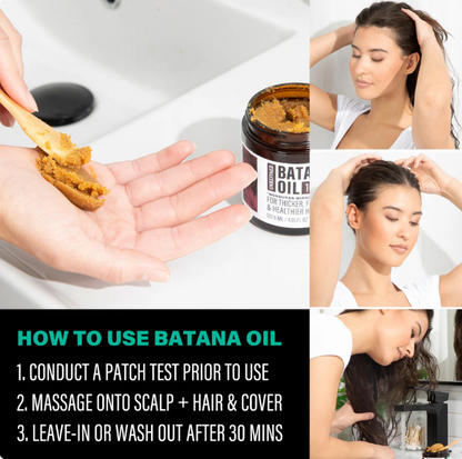 A collage showing a jar of Batana Oil, a hand holding some of the brown paste on a wooden spoon, and four photos of a woman massaging the oil onto her scalp and hair. Text at the bottom reads &
