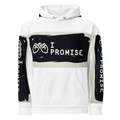 White hoodie with black and white text and graphics on a white background