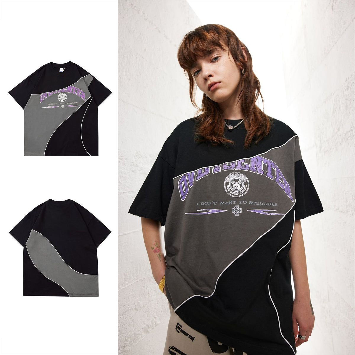 Retro Color Matching Drop Shoulder Short Sleeve Top