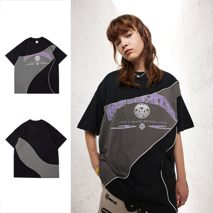 Retro Color Matching Drop Shoulder Short Sleeve Top