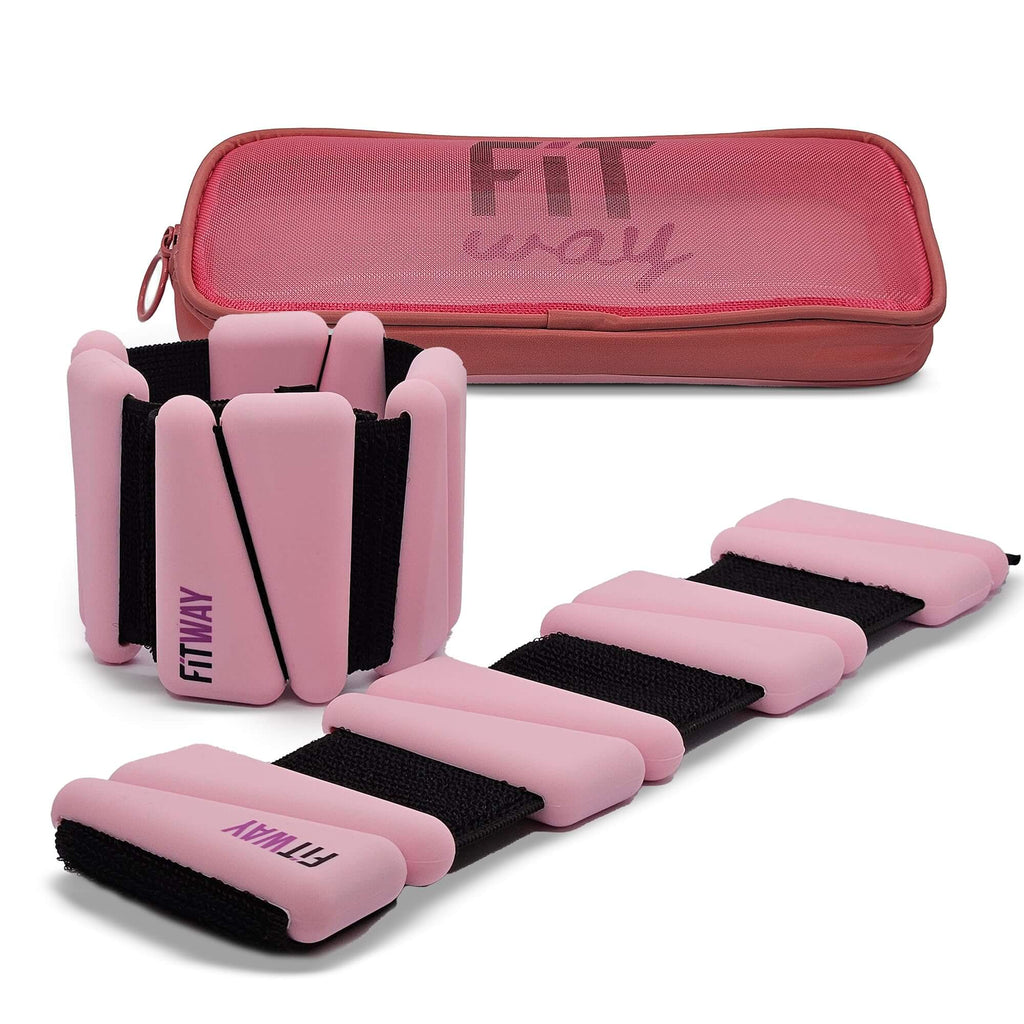 Pink ankle weights with black straps and a pink carrying case labeled 'Fit Way' on a white background.