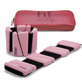 Pink ankle weights with black straps and a pink carrying case labeled 'Fit Way' on a white background.