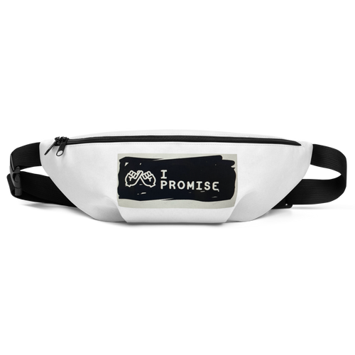White fanny pack with 'I Promise' label on a white background