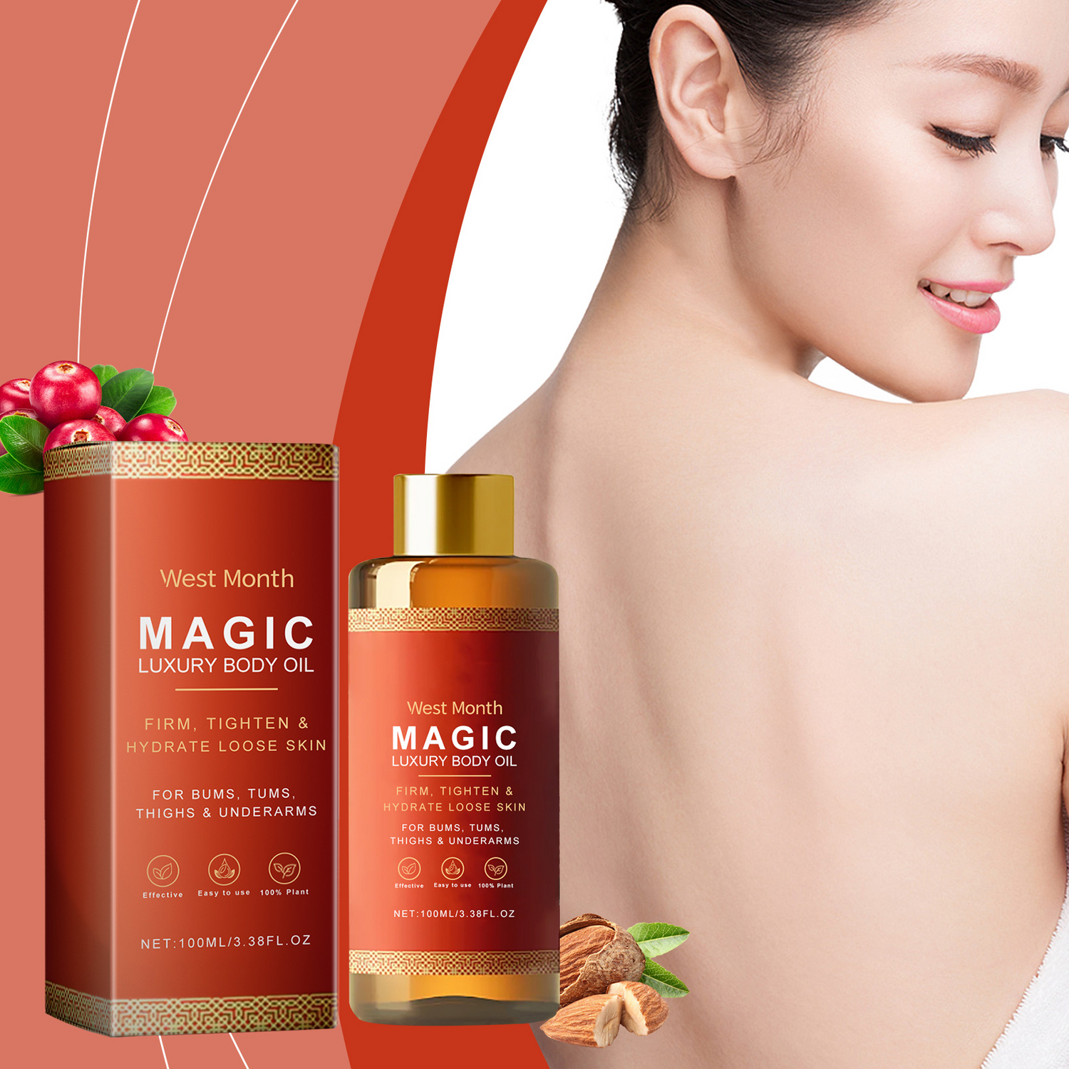 West Month Magic Luxury Body Oil packaging with a woman&