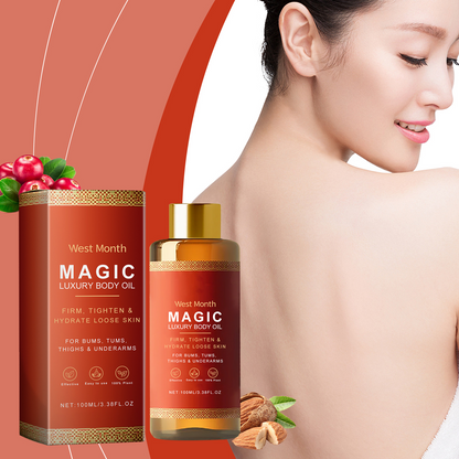 West Month Magic Luxury Body Oil packaging with a woman&