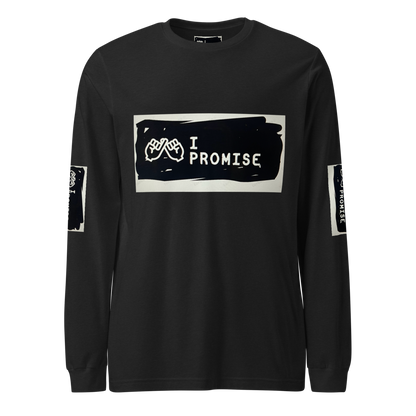Unisex Long Sleeve Tee Bella + Canvas 3501 featuring I PROMISE graphic on black fabric.