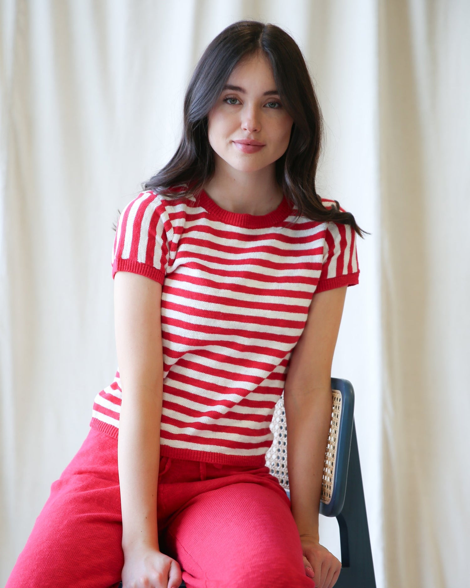 Round Trip Crew Premium Crewneck Sweatshirt in red and cream stripe, perfect for everyday comfort and summer styles.