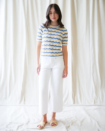 High Tides Sweater casual outfit featuring model in stripy knit pullover and white wide-leg pants