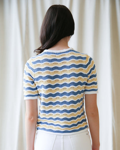 High Tides Sweater back view displaying a cozy knit pullover with wave pattern in blue and yellow.