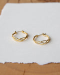 Gold hoop earrings on a white paper background