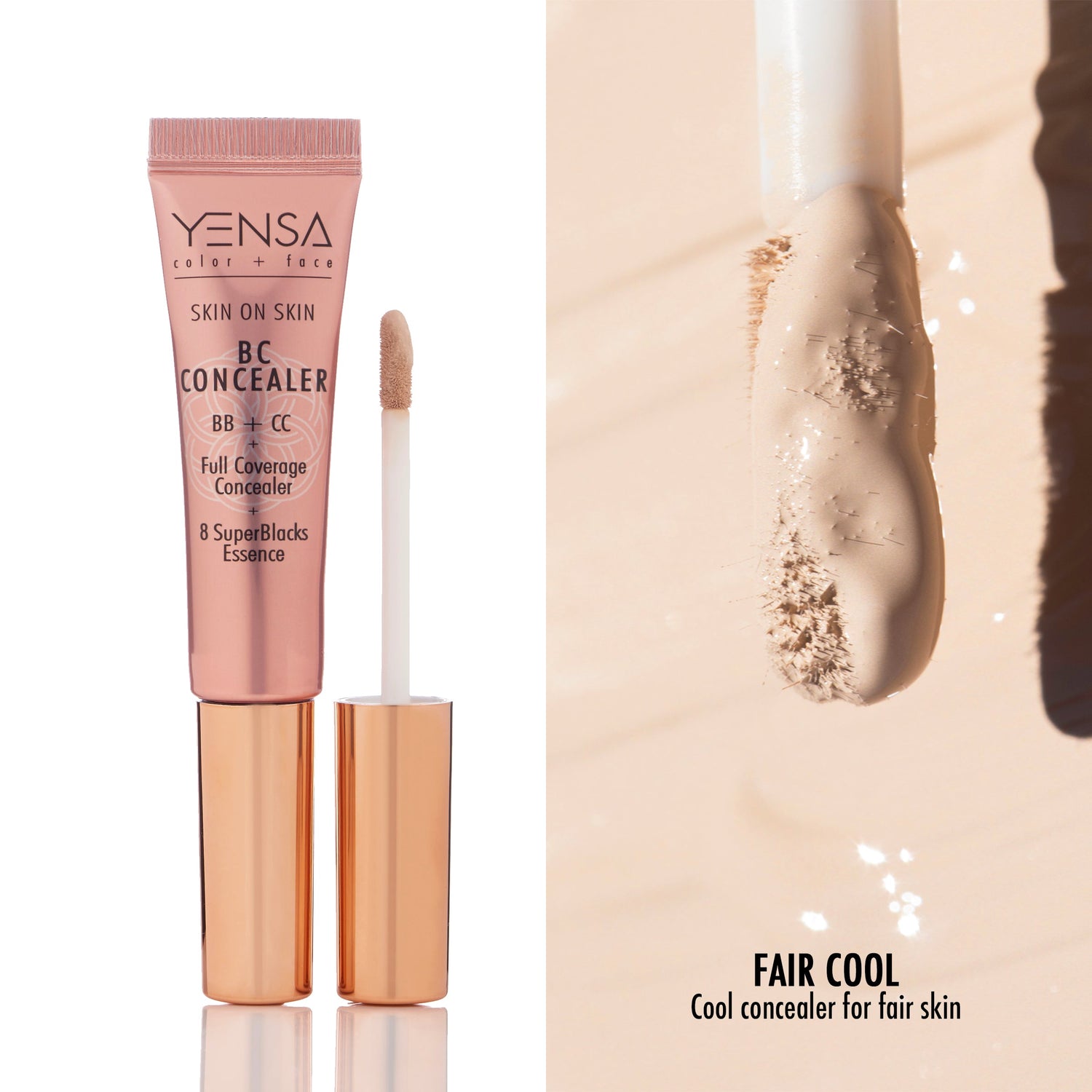 Skin On Skin BB + CC Concealer in Fair Cool shade with applicator and texture swatch.