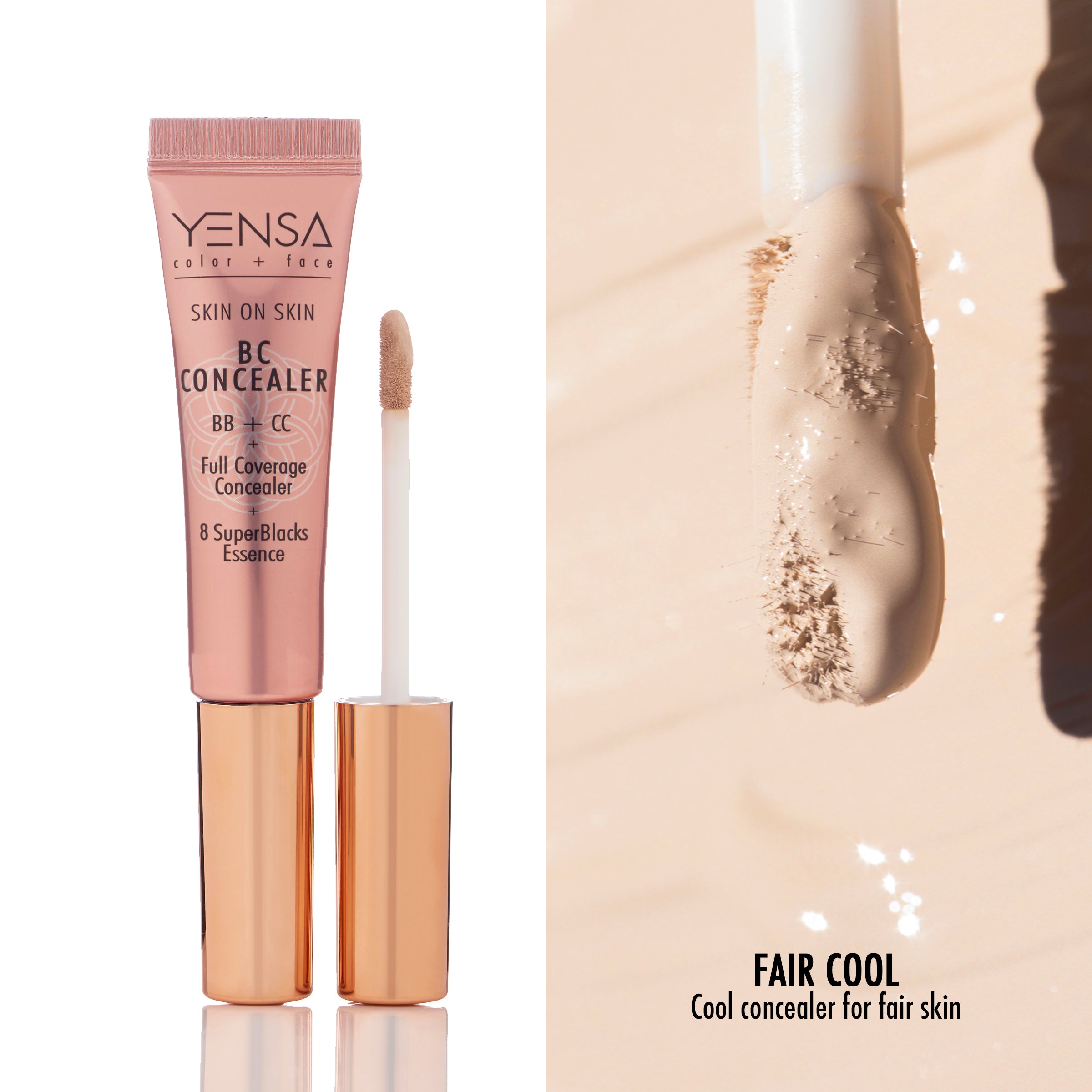 Skin On Skin BB + CC Concealer in Fair Cool shade with applicator and texture swatch.