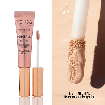 Skin On Skin BB + CC Concealer in Light Neutral shade with applicator and swatch, full coverage serum formula.