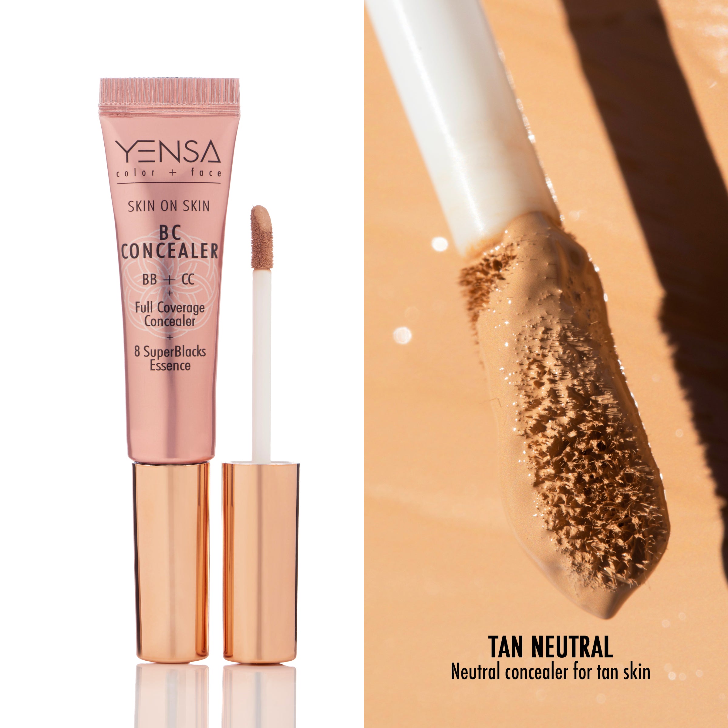 Skin On Skin BB + CC Concealer full coverage serum in Tan Neutral shade with applicator.