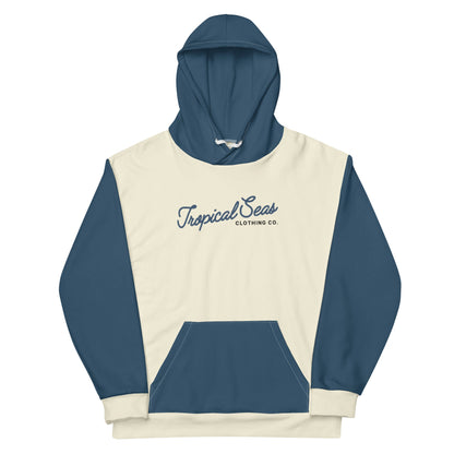 Blue and beige hoodie with &