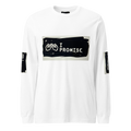 White long-sleeve shirt with 'I Promise' graphic on a white background