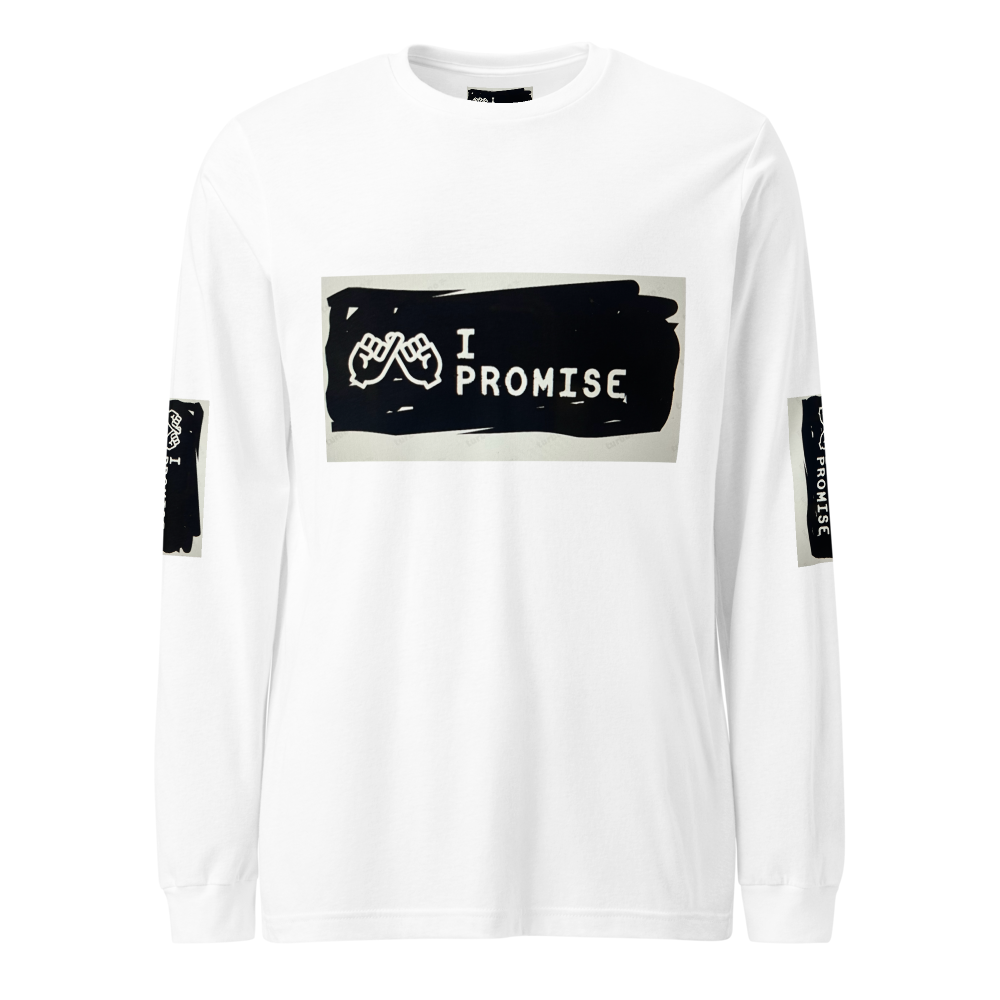 White long-sleeve shirt with 'I Promise' graphic on a white background
