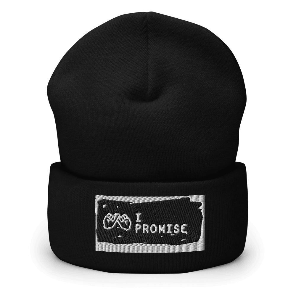 Black beanie with 'I Promise' patch on a white background