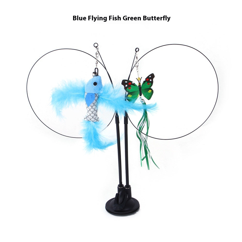 Blue flying fish and green butterfly on a stand with text &