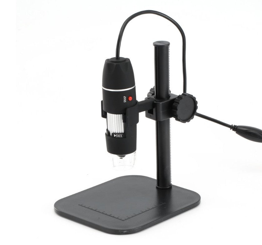 Digital microscope on a stand with a white background