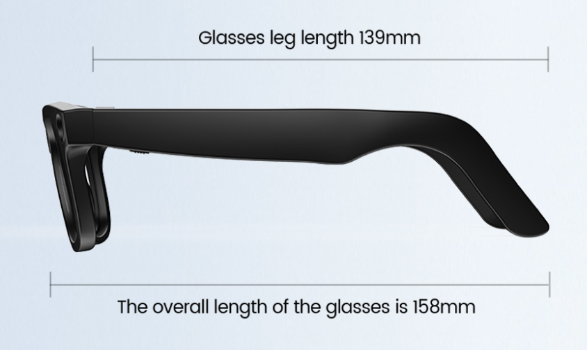 Black glasses frame with measurements on a light blue background