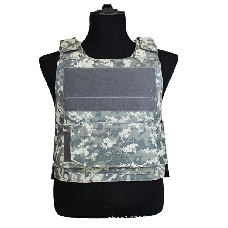 Camouflage tactical vest on a mannequin against a white background